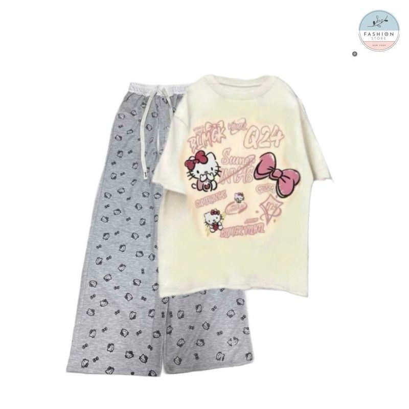 Sét bộ quần ống rộng hình Đầu Mèo + Mix Áo Phông mèo cute be form rộng tay lỡ-QUẦN ÁO 94