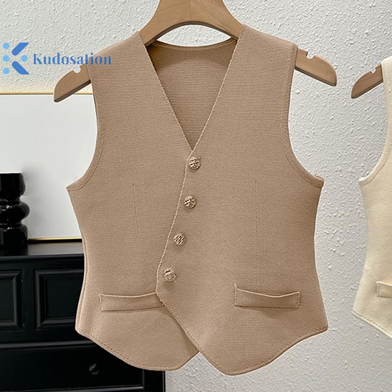 Kudosation Pháp Retro Cổ Chữ V Cổ Đơn Không Đều Không Tay Mỏng Dệt Kim Áo Vest Nữ Đẹp