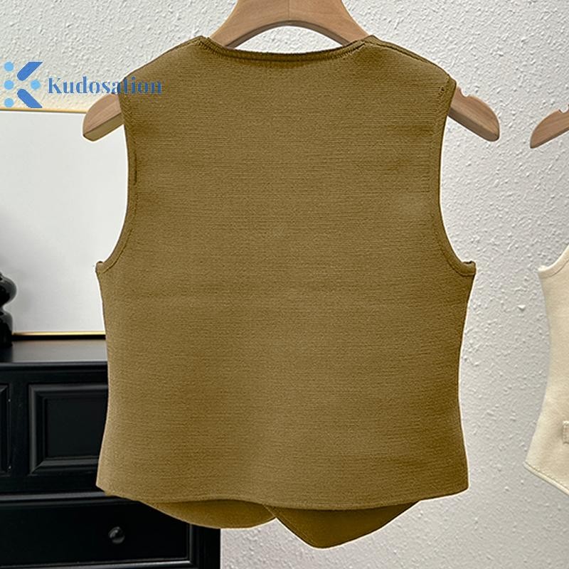 Kudosation Pháp Retro Cổ Chữ V Cổ Đơn Không Đều Không Tay Mỏng Dệt Kim Áo Vest Nữ Đẹp