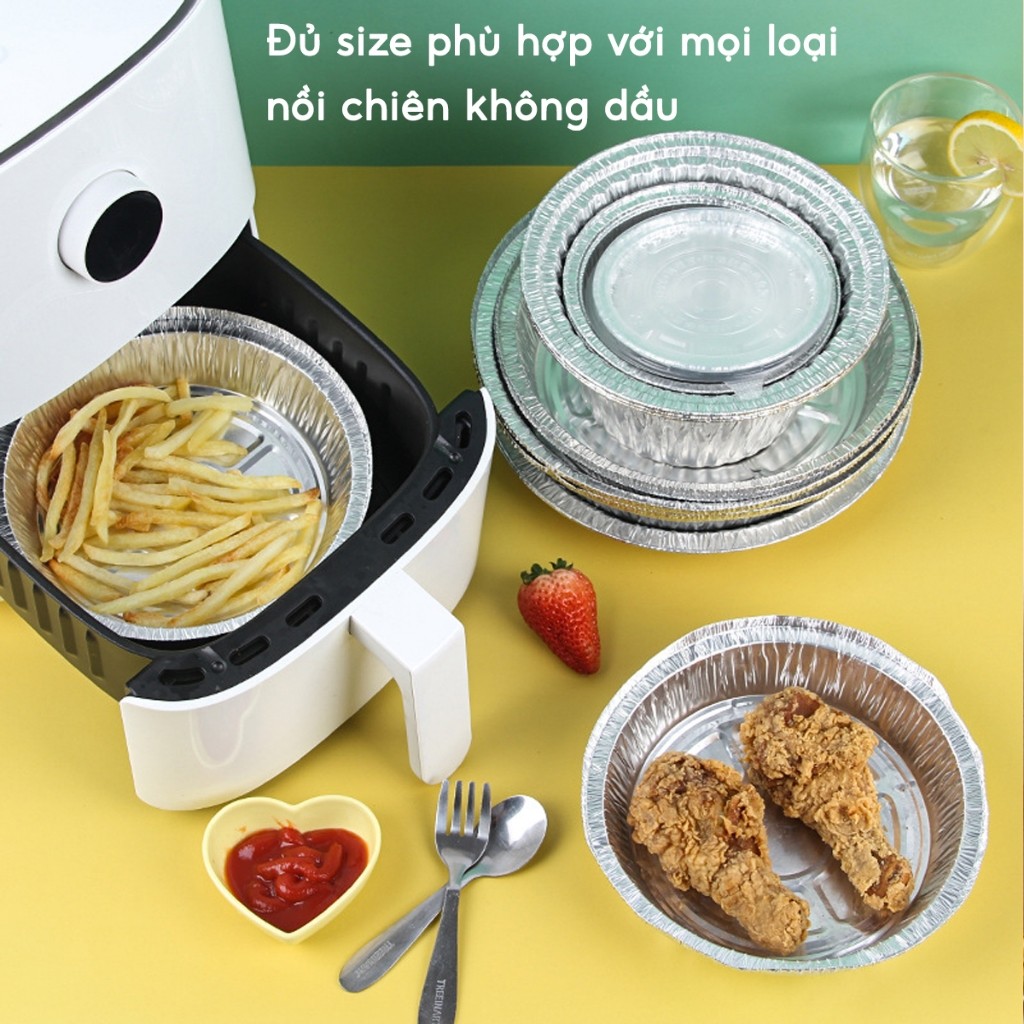 COMBO 100 Khay Giấy Bạc Lót Nồi Chiên Không Dầu, Khuôn Giấy Bạc Đựng Thực Phẩm Tiện Lợi Size 22cm