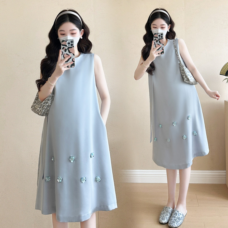 Trang phục bà bầu mùa hè 2025 Sản phẩm mới Satin Giảm tuổi thon gọn hơn Váy bà bầu không tay