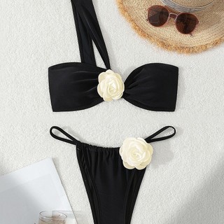 Đồ Bơi Nữ Chém Vai Đen Trắng Hoa Cao Cắt Hai Mảnh Bikini Đồ Bơi