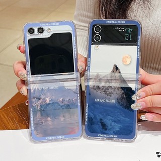 Hoàng Hôn Họa Tiết Núi Tuyết Trong Suốt Vỏ Điện Thoại Cho Samsung Galaxy Z Flip5 Flip4 Flip3 Full Bản Lề PC Cứng Trong Suốt Gấp Dành Cho Samsung Z Flip 5 4 3 Cover