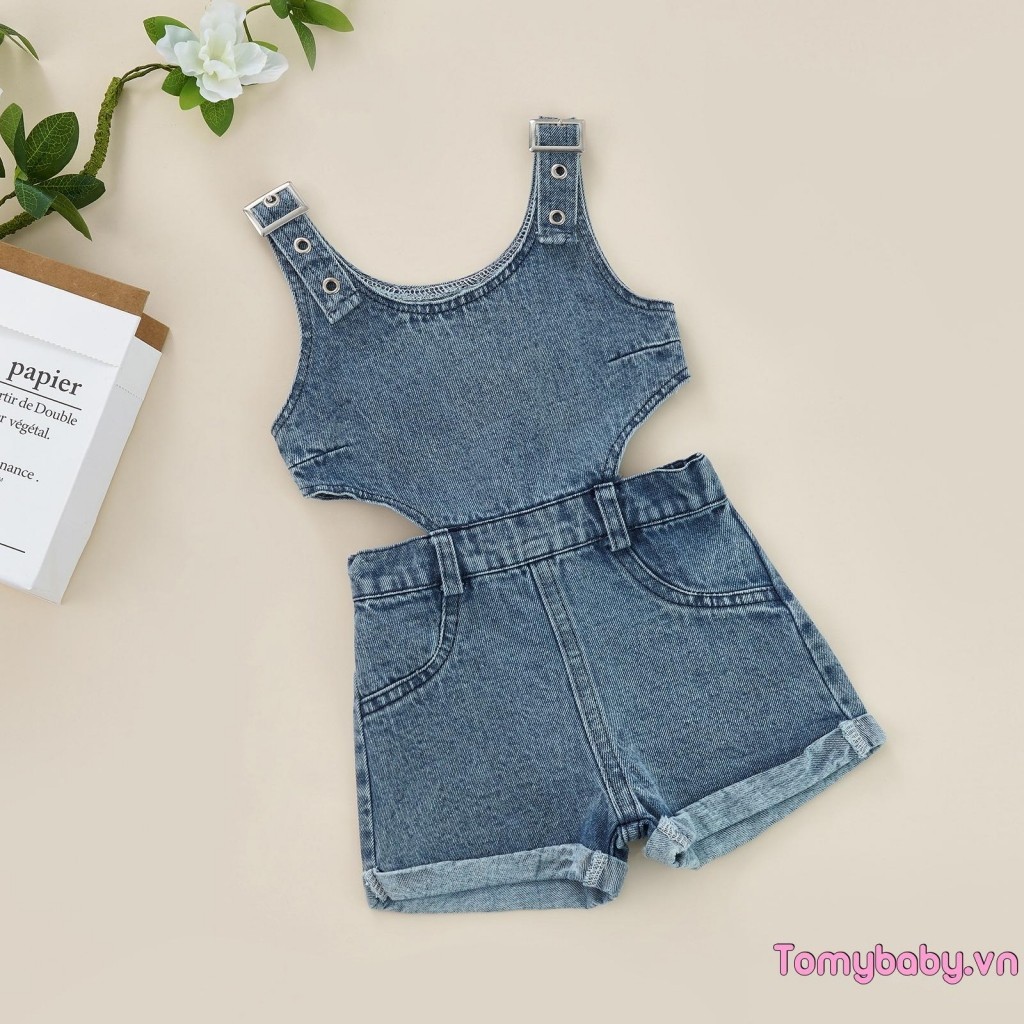 Bộ áo liền quần Denim cho bé gái màu trơn cổ vuông không tay áo liền quần rỗng cho mùa hè