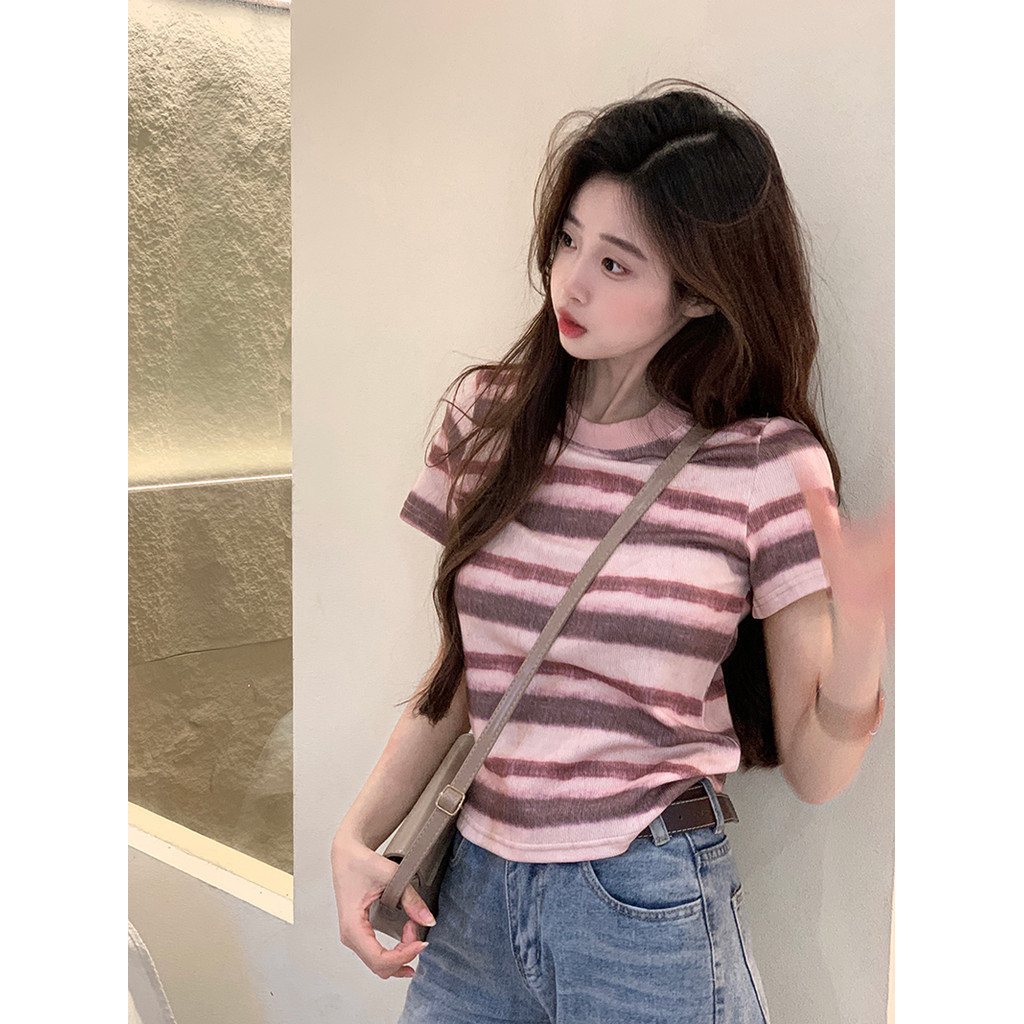 Suxi Áo thun ngắn tay cổ tròn sọc cotton mới 240604