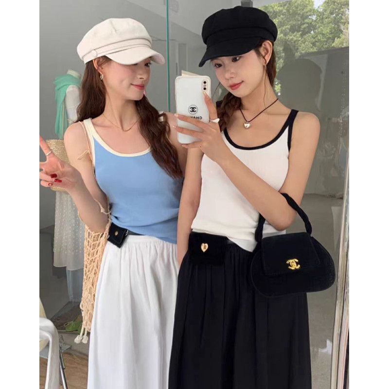 Suxi Retro Tương Phản Sọc Mỏng Fit Dệt Kim Treo Xe Tăng Top Nữ Áo Ngắn 240617
