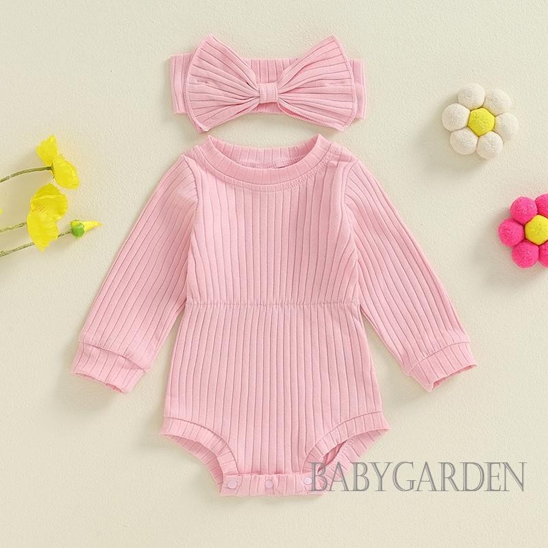 Baga-bộ đồ liền thân mùa thu cho bé gái / Áo liền quần dài tay có gân màu trơn / Băng đô dễ thương / Trang phục trẻ sơ sinh