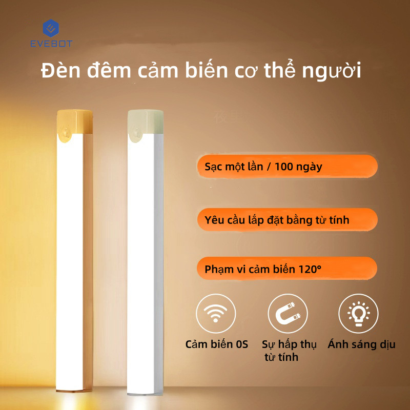 Ảnh Evebot đèn ngủ cảm biến cơ thể người, tuổi thọ pin 100 ngày, lắp đặt từ tính không dây, sạc tiện lợi 1