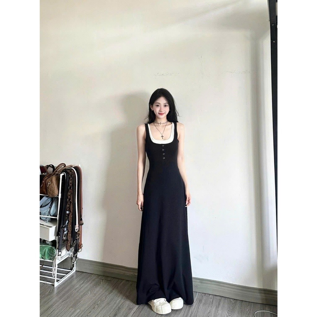 Váy đầm nữ maxi dáng dài chất liệu co giãn phối cổ trắng phong cách tiểu thư sang chảnh XIMIMI SP286