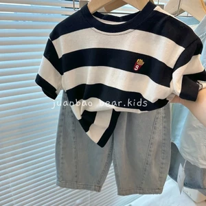 Áo thun ngắn tay sọc trẻ em cotton mùa hè, phong cách hoạt hình cho bé trai và bé gái, áo cơ bản cho trẻ em vừa và lớn