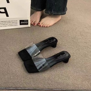 Giày cao gót mũi vuông chunky cho nữ, kiểu slip-on trong suốt