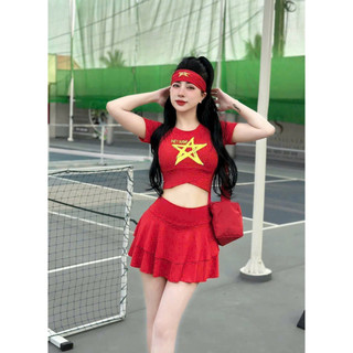 Áo đỏ sao vàng croptop vạt chéo chất siêu đẹp, sẵn sll đội nhóm