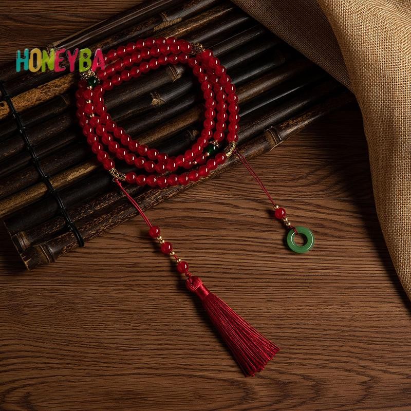 < Honeyba > Vòng cổ hạt xanh dài phong cách Trung Quốc Phật giáo Thiền pha lê xanh Vòng cổ dài sel Chokers Trang sức Quà tặng