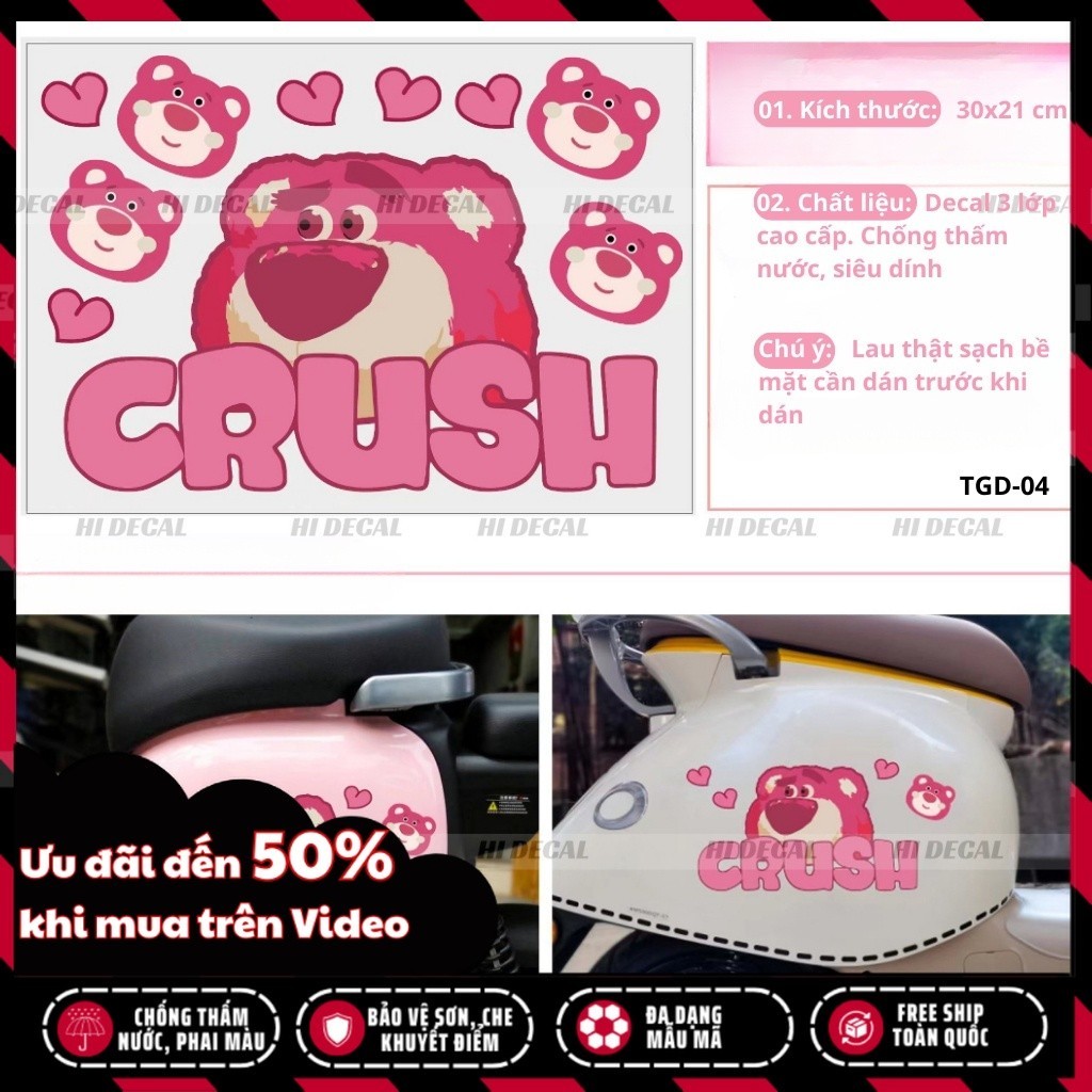 Hình dán sticker tem gấu dâu lotso dán xe dán điện thoại | TMN-H005 | Decal cao cấp chống nước, chống phai màu
