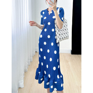 Miyake Mùa Hè Phong Cách Mới Nữ Chấm Bi Đầm Hẹp Cổ Chữ v Slim-Fit Cao Cấp Sli