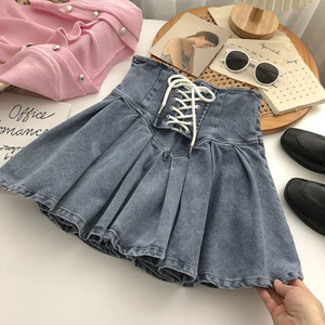 Mới Co Giãn Denim Xếp Ly Váy Nữ Phiên Bản Hàn Quốc Váy Ngắn Phối Ren Chữ Thập Tất Cả-