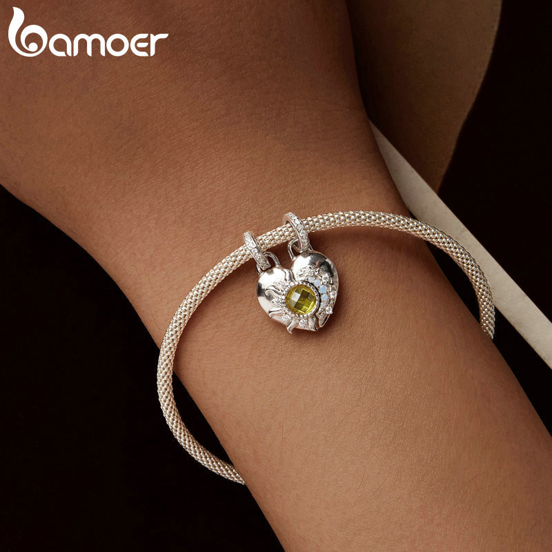 Phụ kiện mặt dây chuyền trái tim mặt trời và mặt trăng Bamoer 925 Sterling Sliver Charm cho vòng tay
