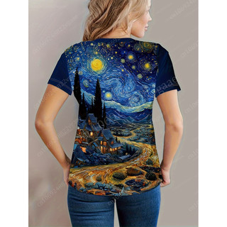 Đêm Đầy Sao Van Gogh Áo Mùa Hè Nữ Cổ Tròn Áo Thun 3D In Tay Ngắn Top Vintage Quần Áo Quá Khổ Tee