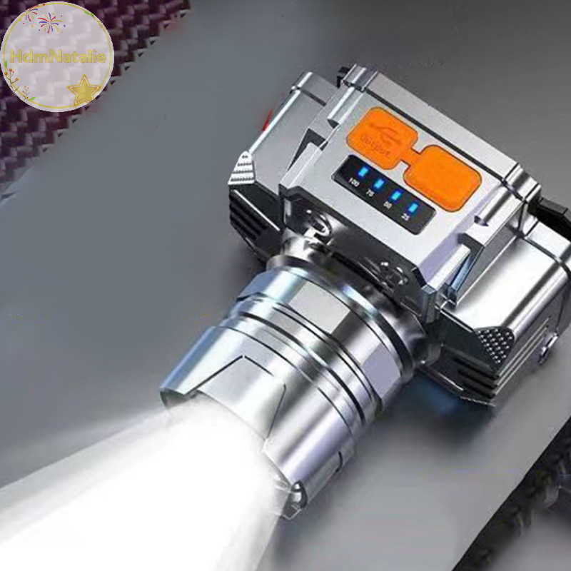 HdmNatalie Đèn LED di động gắn trên Đèn pin ngoài trời Chống nước mạnh mẽ Đèn pha USB có thể sạc lại Đèn lồng cắm trại có màn hình nguồn VN