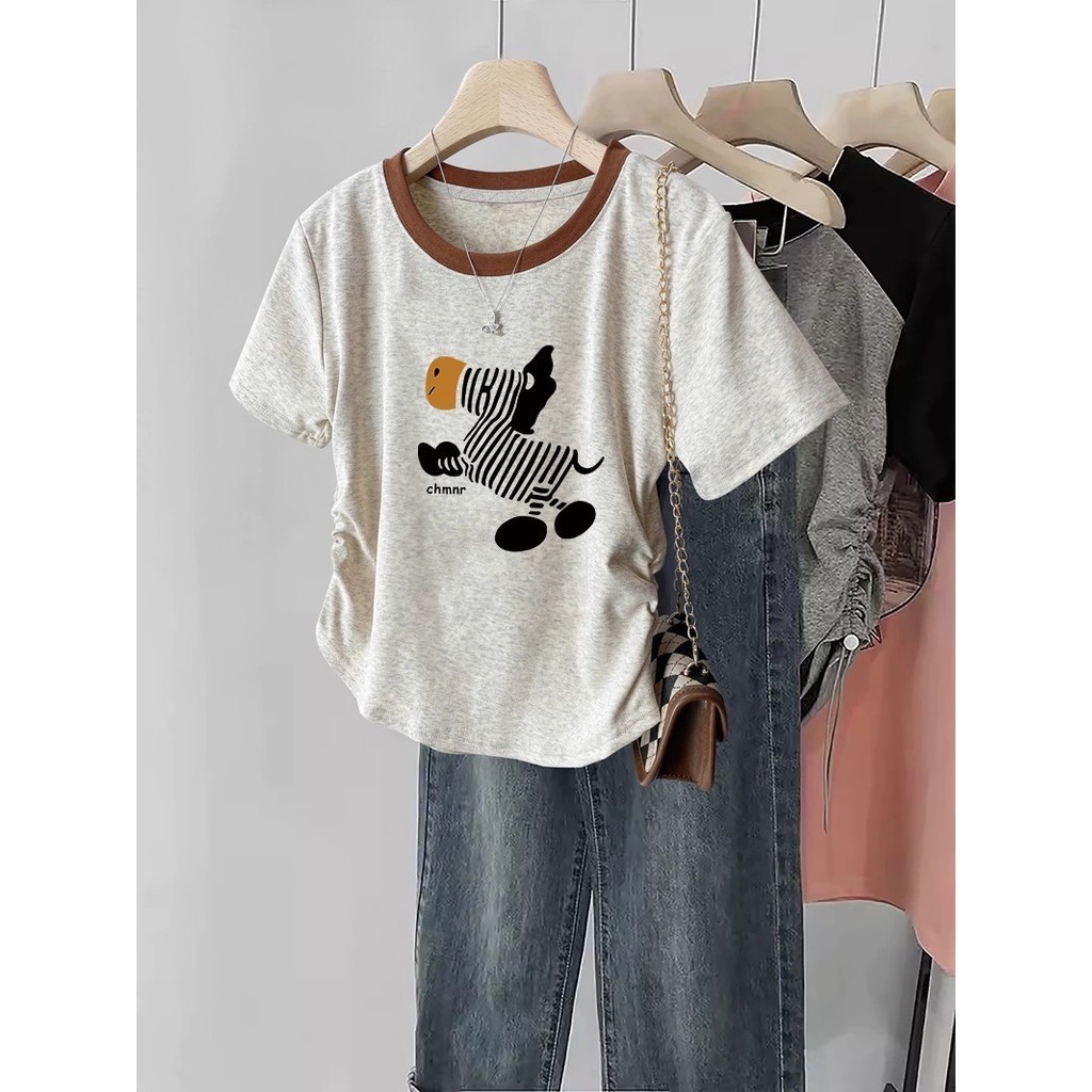Suxi Ngọt Ngào In Hoạt Hình Mùa Hè Mới Thường Ngày Slim Fit Đa Năng Cổ Tròn Tay Ngắn Áo Thun Nữ Nguyên Chất Cotton Top 240529