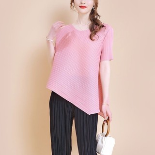 Miyake Phong Cách Xếp Ly Top Nữ Thời Trang Không Đều Rời Ôm Hơn Nhìn Áo Thun Màu Trơn Phù Hợp Xếp Ly Áo Sơ Mi Nhỏ Ngắn