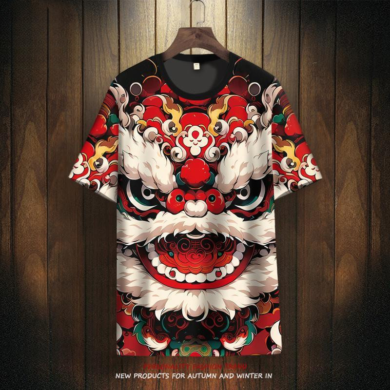 Áo thun ngắn tay phong cách Trung Quốc Nam mùa hè Thời trang mới Lion Dance In plus Size dáng rộng và mỏng thoáng khí tay ngắn