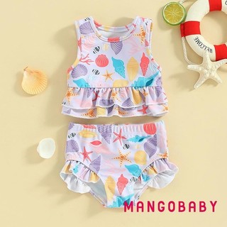 Mg-toddler Girl 's Summer Bikini 2 Chiếc Bộ Hình Sao Biển Không Tay Cổ Tròn Xù Áo Có Quần Short Đồ Bơi