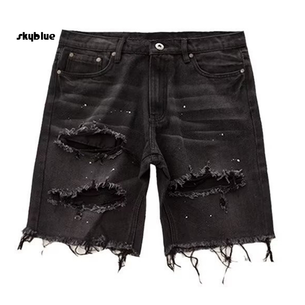 Quần short denim nam rách nhiều túi, dài đầu gối, dáng jean thẳng, phong cách mùa hè