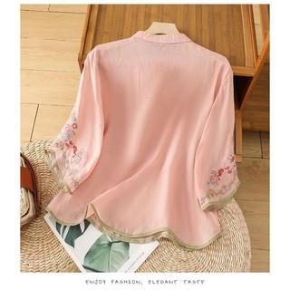 Áo sơ mi cotton lanh thêu phong cách Trung Quốc mới với nút đóng, áo mùa hè mới cổ xiên, phong cách Trung Quốc