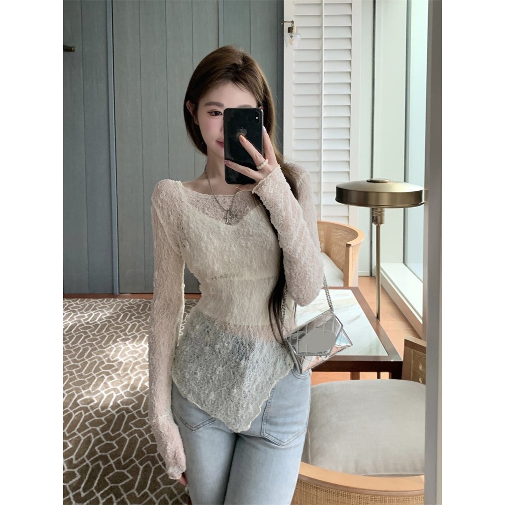 Áo dài tay chống nắng với dây đeo nhỏ cho phụ nữ, bộ áo ren mới mùa hè hai mảnh
