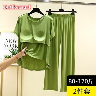 Phụ Nữ Ngực Miếng Lót 2 Bộ Modal Đồng Bằng Bộ Rời Áo Thun Tay Ngắn Bộ Đồ Ngủ Mùa Hè Quần Rộng