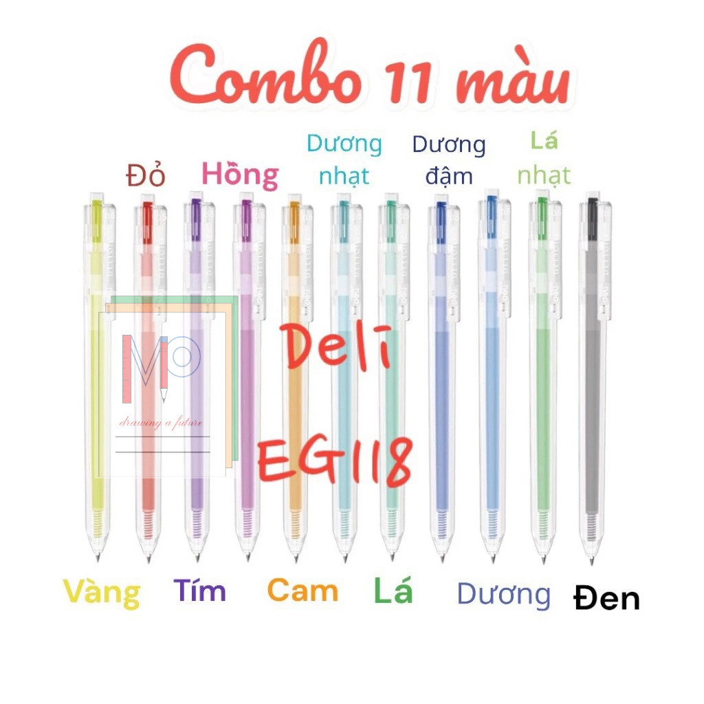 [COMBO 11 màu] Bút bi nước mực gel bấm nhiều màu 0.5mm DELI nhanh khô viết đều êm EG118