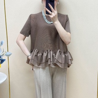 T Sang Trọng Thời Trang Rời Mùa Hè Cổ Tròn Không Đều Top Xếp Ly Phong Cách Hàn Quốc Tay Ngắn Người Nổi Tiếng Bao Mỡ Xù Slimm