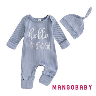 MG-Baby Boy Ribbed Romper Bộ áo liền quần dài tay thêu chữ thường ngày và bộ mũ cho trẻ sơ sinh Trang phục mùa thu cho trẻ mới biết đi
