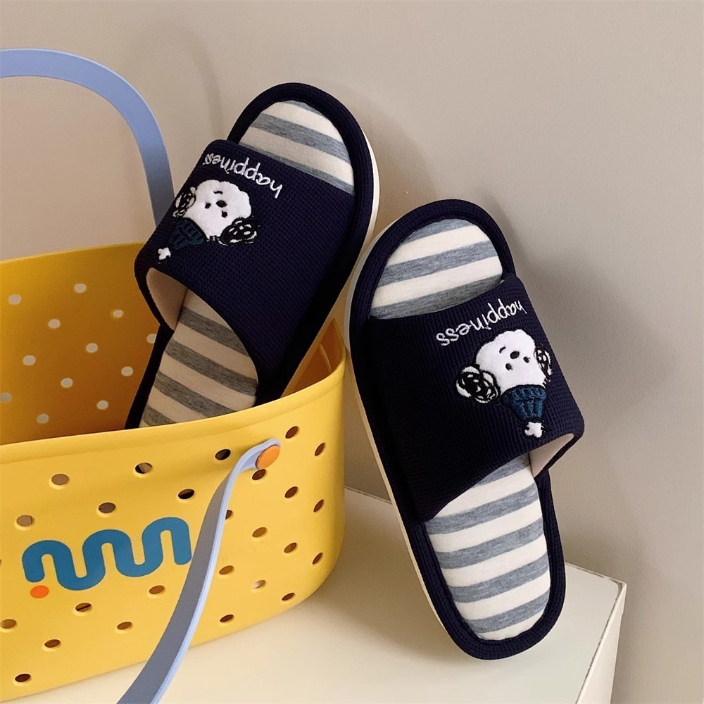 Xixitiao Dép Chó Con Dễ Thương Vải Lanh Cotton Nam Nữ Sọc Nhà Hút Mồ Hôi Giày Xuân Hè