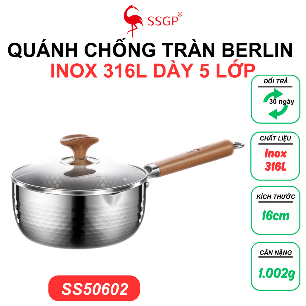 Quánh inox 316L 5 lớp chống tràn SSGP nấu cháo, nấu bột, nguyên khối, nấu mì chính hãng