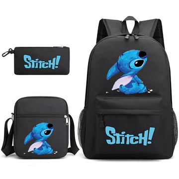 Ba lô Stitch mới Ba lô trẻ em Ba lô in hoạt hình dễ thương Ba lô học sinh Bộ 3 món màu trơn tối giản túi vải Ba lô đi học Túi đi học