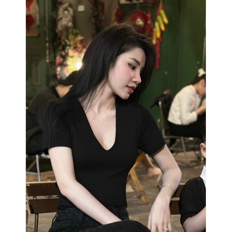 Áo thun nữ đẹp cổ V chất cotton co giãn, Áo Cổ Tim Nữ đẹp