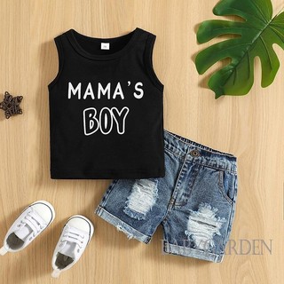 Baga 0-3 Tuổi Bé Trai Bộ 2 Chữ In Hình Tank Áo Có Rách Quần Short Denim Trang Phục Mùa Hè