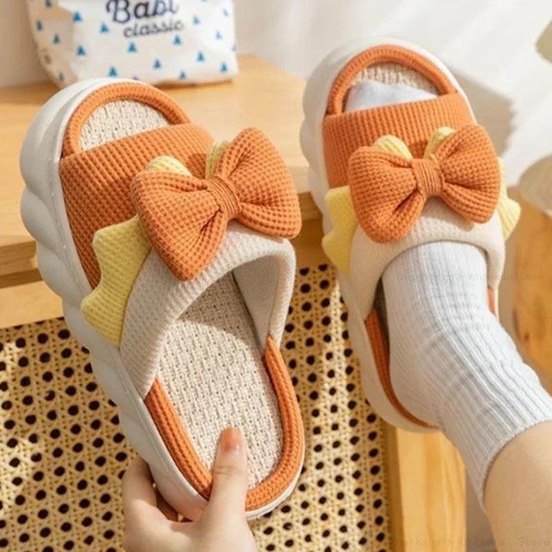 Dép Lanh Nữ Dép Đi Trong Nhà Ấm Áp Chống Trơn Trượt Nhà Giày Cotton Nơ Dễ Thương Dép Phẳng Cặp Đôi Trượt Xuân Hè