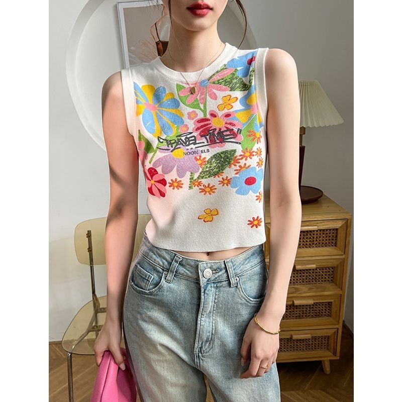 Milyfashion Trung Quốc Mới Graffiti Hoa In Áo Vest Không Tay Mùa Hè Phong Cách Mới Thiết Kế Độc Đáo Độc Đáo Tất Cả Trận Đấu Ngắn Top Hợp Thời Trang