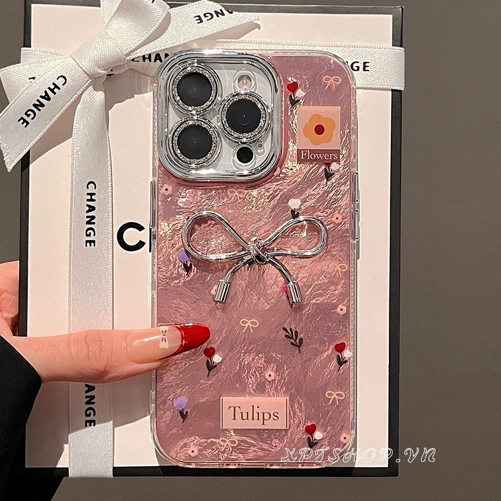 Lập Thể Nơ Màu Hồng Tulip Dây Xích Ốp Lưng Điện Thoại iPhone 17ProMax 16Plus 15 14 13 12 11 Pro Max Long Lanh Với Ống Kính Phim Bảo Vệ Chống Sốc