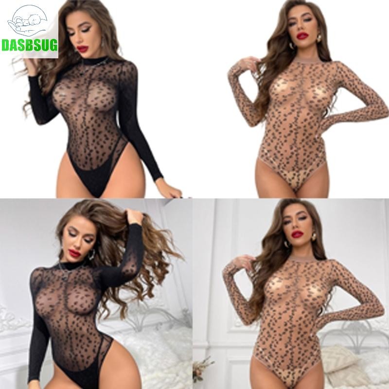 Dasbsug Đồ Lót Nữ Da Báo In Lưới Body Áo Dài Tay Leotard Váy Ngủ