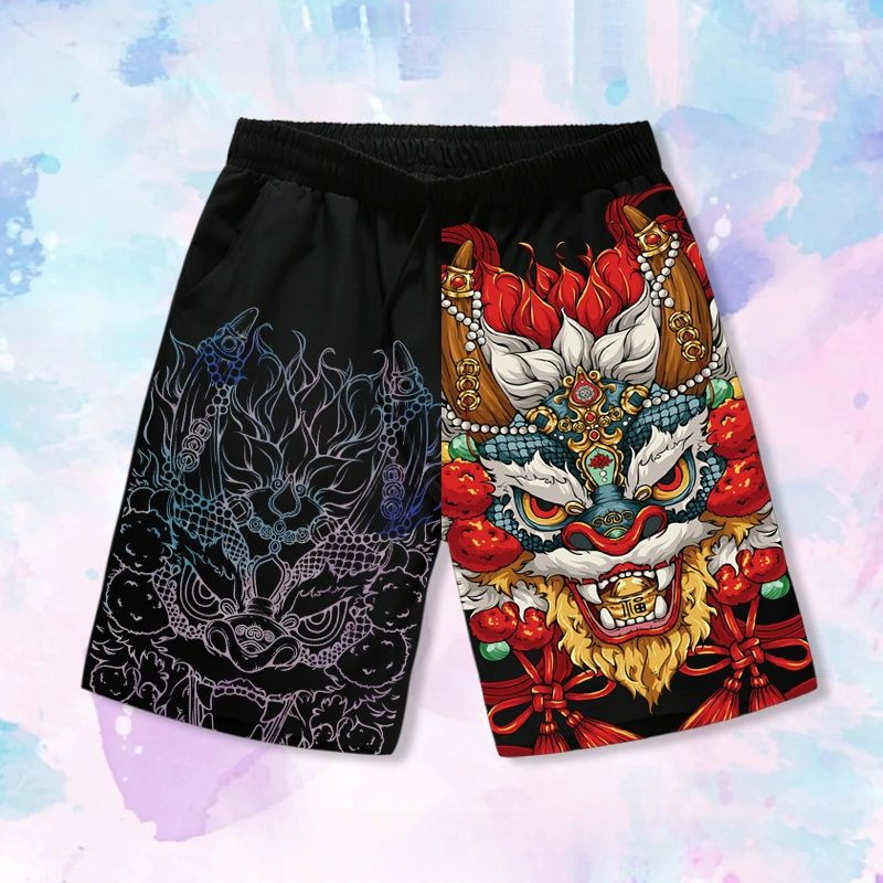 Quần short retro rộng rãi phong cách Trung Quốc, quần bãi biển Hawaii unisex thời thượng