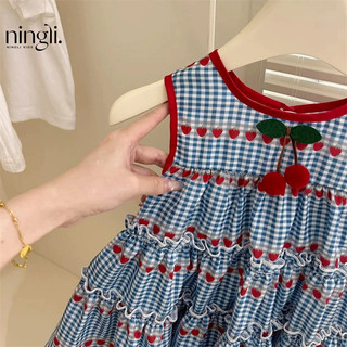 Váy không tay kẻ sọc xanh ngọt ngào mới cho bé gái mùa hè, váy anh đào cho trẻ em