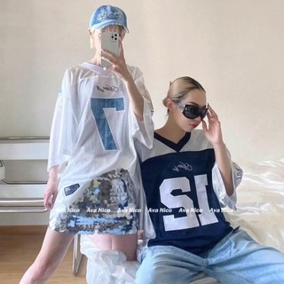 Áo thun nam ESEA tay ngắn American High Street dáng rộng Áo thể thao cổ chữ V thông thường