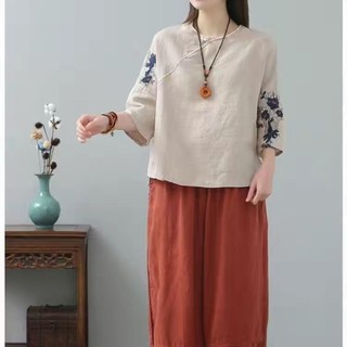 24.4.12 Tencel Cotton Linen Top Nữ Thời Trang Thêu Ngắn Cao Cấp Văn Học Nữ Phong Cách Trung Hoa Retro
