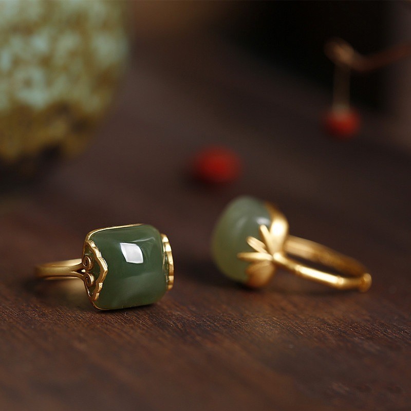Hetian Jade Advanced 24K Mạ Vàng Có Thể Điều Chỉnh Vòng Mở Có Thể Điều Chỉnh Retro Nhẫn Nữ Tinh Tế Nhẫn Quà Tặng