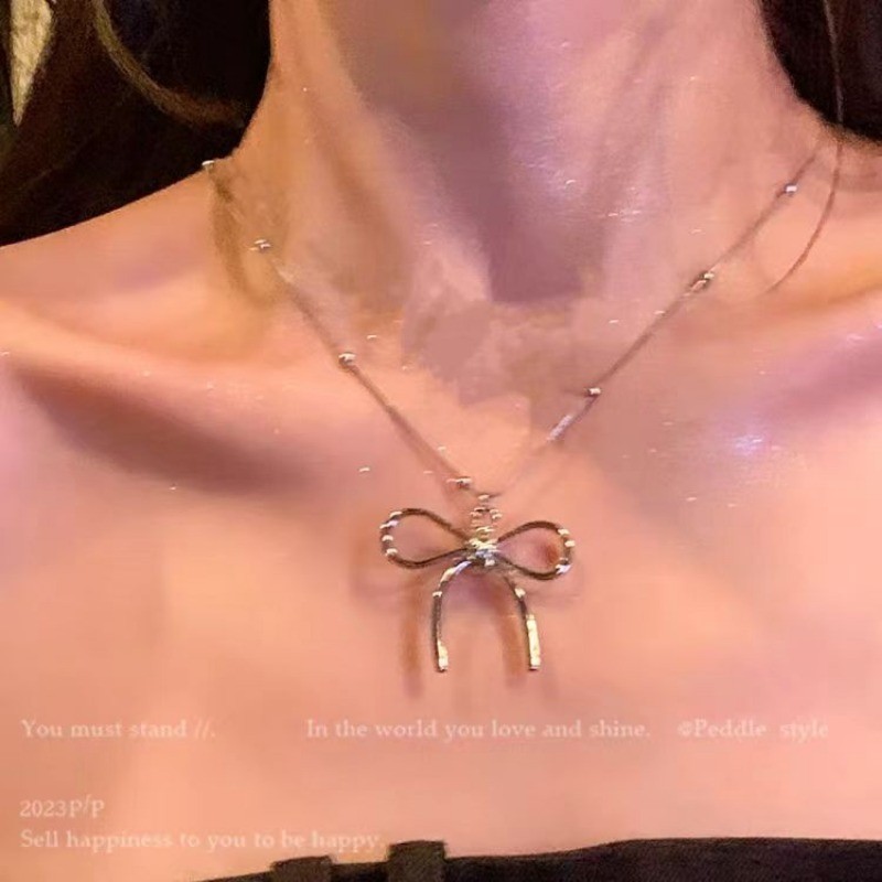Vòng cổ nơ nữ - Vòng cổ mặt dây chuyền bạc - Dây chuyền xương đòn nơ cho bé gái - Đơn giản, ngọt ngào, tính khí - Dây đeo cổ xương đòn áo len - Trang sức thời trang