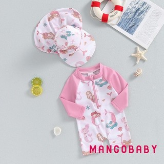 Mg-bộ đồ tắm bé gái Bộ đồ tắm dài tay Rash Guard Đồ bơi vành rộng Mũ chống nắng cho trẻ sơ sinh